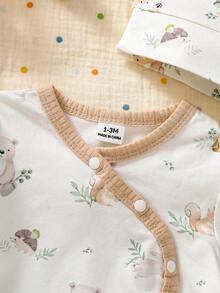 SHEIN 3pcsNewbornBaby Cartoon-Printed Autumnwhite Long-Sleeve Tops, Paired With Matching Pants And Hats. Cute Outfits Suitable For Spring And Autumn Travel, - Apricot - View 6