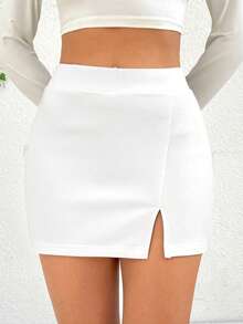 SHEIN EZwear 女士夏季休闲性感侧开衩迷你裙，高腰纯白色半身裙，常规版型，适合日常穿着 - 白色 - 查看 3
