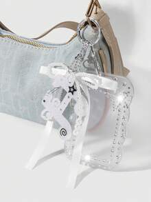 ROMWE Kawaii 1 chiếc móc khóa/giá đỡ thẻ sinh viên/thẻ ID thủ công theo phong cách Gothic tối giản Y2K, đính hạt cườm bạc, nơ ruy băng hình trái tim, dây bện bằng acrylic đen, thích hợp cho nhân viên văn phòng, sinh viên, sử dụng hàng ngày, làm quà tặng ngày lễ, Halloween. - Màu trắng - 93 - Xem 9