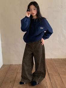 Dazy Kids 少女休闲时尚街头风豹纹宽松阔腿牛仔裤，适合日常通勤