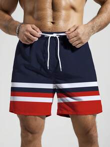 Manfinity Swimmode Pantalones cortos de playa de estilo de vacaciones de verano para hombres con cintura con cordón, bolsillo en diagonal y estampado de rayas de contraste. Bañadores de hombre rojos, blancos y azules - Azul Marino - Ver 3