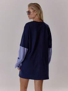 MUSERA 叠层超大条纹短袖T恤裙，复古乡村风，可爱田园风，返校休闲居家连衣裙，女款，奶油糖色，Y2K风格 - 藏蓝色 - 查看 5