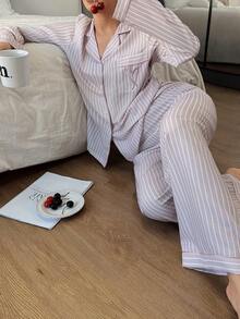 Casual Women's Baby Pink Striped Long Sleeve Pajama Set, Woven Fabric Sleepwear With Collar, Pockets, And Matching Long Pants Soft Pajamas Set Button Up Pajama Set Two Piece Sleepwear Set Sleep Wear Women Set - Baby Pink - View 6