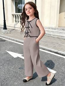SHEIN 2件組少女純色針織無袖上衣與內搭褲休閒套裝，適合少女 - 卡其色 - 查看 2