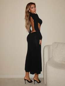 SHEIN ICON Women's Wedding Birthday Vacation Mandarin Collar Raglan Sleeve Fitted Valentines Day Black Party Long Dress, Minimalist & Fashionable - Black - View 1