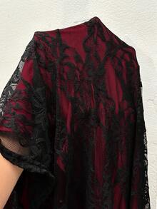 Auralis 女士秋冬新款丝绒提花镂空网纱浪漫约会度假长袖蕾丝连衣裙/褶皱修身喇叭加大码连衣裙/黑红深色优雅正式连衣裙 - 彩色 - 查看 7