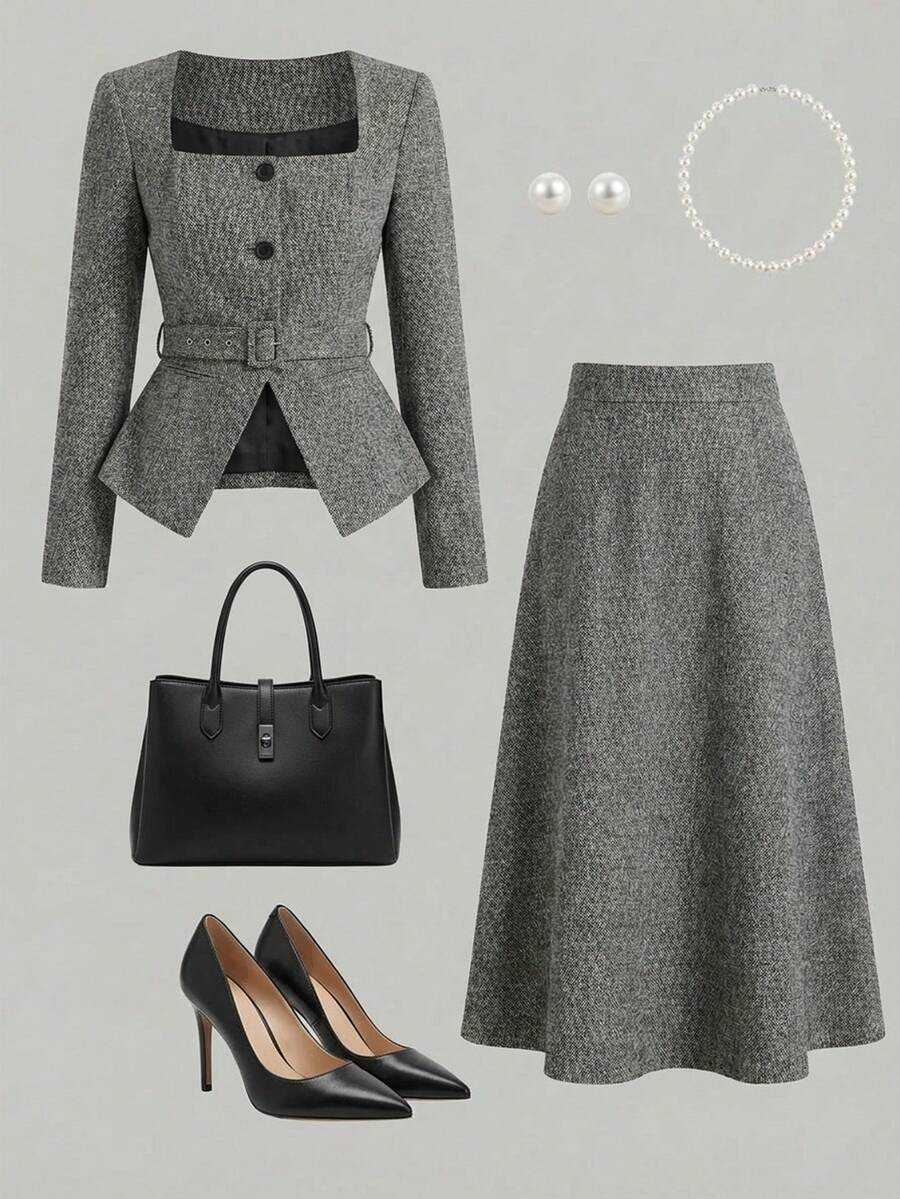 Aveloria Rosie European & American Elegant Commuter Padded Shoulder Square Collar Front Opening Slit Hem Fitted Women Jacket & A-Line Long Dress 2 Pieces Set - Grey - View 1