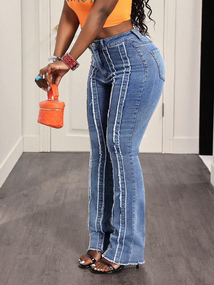 BamGleam Quần jeans ống loe ôm sát, viền tua rua thời trang - Rửa nhẹ - Xem 1