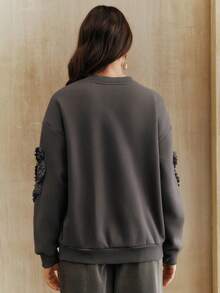 Anewsta Sudadera de cuello redondo para mujer con decoración de perlas bordadas en 3D, unicolor versátil, adecuada para otoño/invierno, Año Nuevo, Acción de Gracias - Gris Oscuro - Ver 3