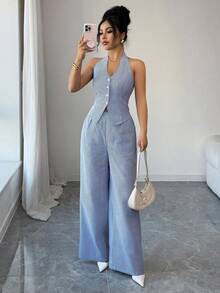 Elenzga Bộ đồ nữ không tay kẻ sọc xanh trắng, cổ chữ V, hở vai, thiết kế eo thấp, sang trọng, cao cấp, thích hợp làm quà sinh nhật, hẹn hò, dự tiệc, ngày Valentine, trang phục mùa xuân, phong cách đường phố thường ngày. - Xanh và trắng - Xem 5