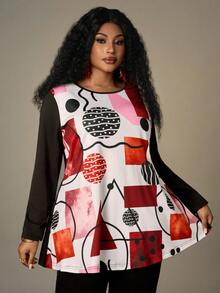 EMERY ROSE Camiseta de manga larga con cuello redondo y estampado para mujer de talla grande - Negro - Ver 5