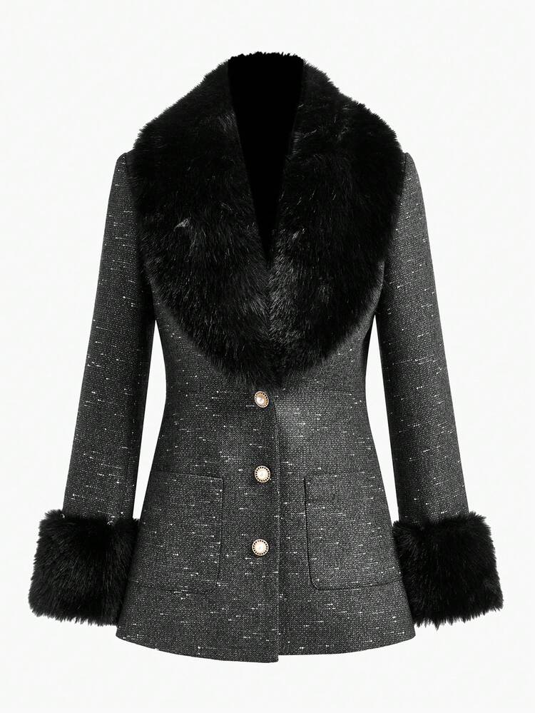 WOMEN'S WOOL BLEND CONTRAST FAUX FUR OVERCOAT, AUTUMN/WINTER