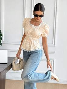 2026 Blusa de mujer con cuello en U, mangas abullonadas, encaje en la cintura, botones delanteros y bordados, ideal para verano, primavera, San Valentín, carnaval, playa, vacaciones, uso casual, fiestas, bodas y eventos elegantes - Albaricoque - Ver 5