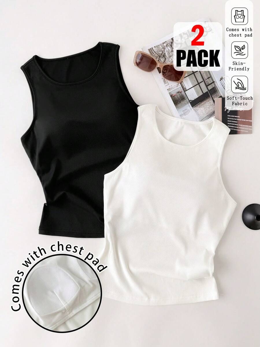 SHEIN EZwear Sexy Solid Tank Top With Padded Bust, Adjustable Straps For Comfortable Fit, Suitable For Summer Spring Beach - Multicolor - View 1