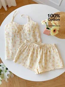Comfortcana 2pcs/Set Floral Print V-Neck Camisole And Shorts Set, Summer Floral Two Piece Set Cotton Summer Set Cotton Summer Pajamas - Apricot - View 6