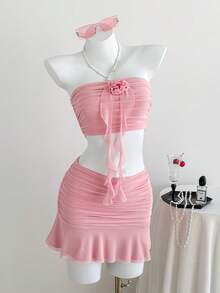SHEIN EZwear Summer 3D Flower Embellished Ruched Slim Fit Cropped Tube Top And Mini Skirt 2pcs/Set - Pink - View 1