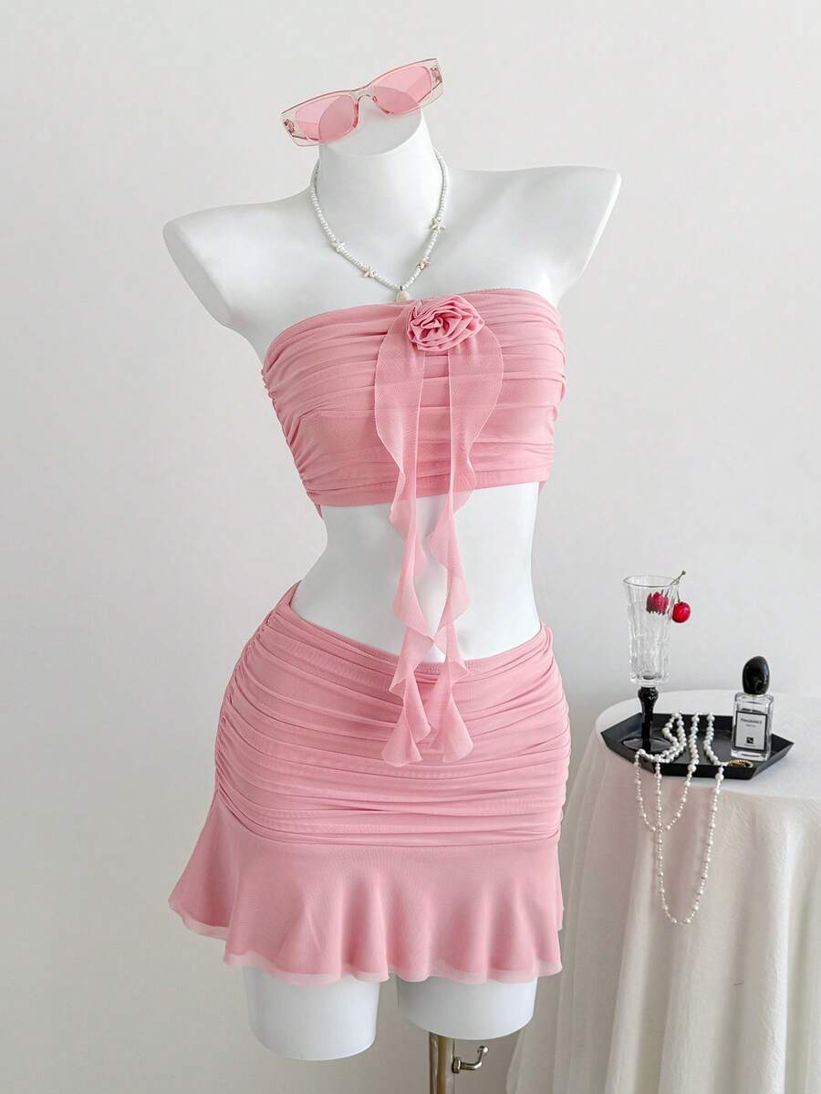 SHEIN EZwear Summer 3D Flower Embellished Ruched Slim Fit Cropped Tube Top And Mini Skirt 2pcs/Set - Pink - View 1