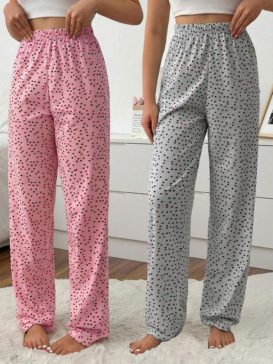EURMUSE Cotton Women 2 Pcs Heart Pattern Comfort Homewear Long Sleep Sets - Multicolor - View 1
