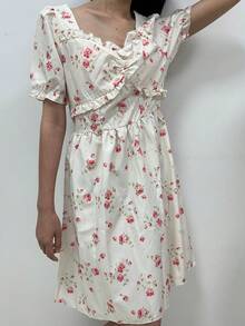 Breezaya Summer Heart-Shaped Neck Floral Print Holiday Style Short Sleeve Dress - Apricot - View 1