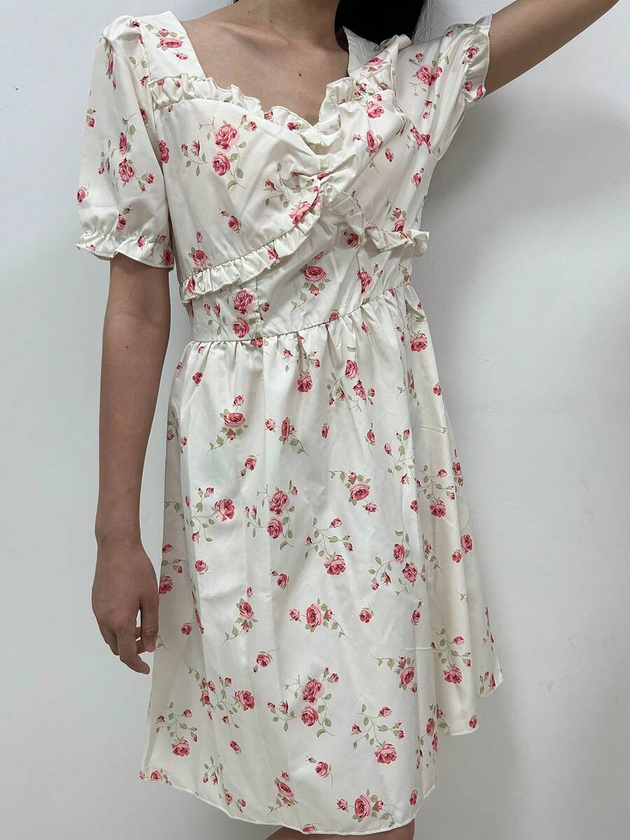 Breezaya Summer Heart-Shaped Neck Floral Print Holiday Style Short Sleeve Dress - Apricot - View 1