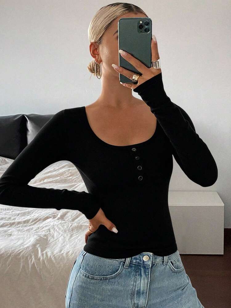 Women's Casual Solid Color Slim Fit Long Sleeve T-Shirt, Autumn