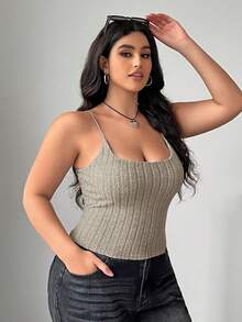 SHEIN EZwear Plus Size Apricot Ribbed Camisole Top With Built-In Bra, Suitable For Early Autumn - Apricot - View 7