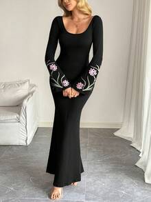 SHEIN Tall Women's Fashionable Black Dress With Generous Collar - Black - View 4