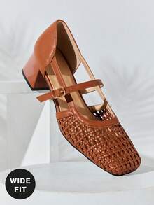 SHUZIA Bombas Mary Jane de rafia de ganchillo de ajuste ancho para mujer - Marrón - Ver 1