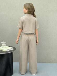 SHEIN Tween Girls Striped Lapel Collar Short Sleeve Jacket And Straight Leg Pants Casual Suit Set,Kids - Khaki - View 2