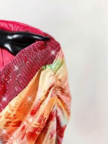 Amplova Wild Animal & Floral Print Asymmetrical Shoulder Cropped T-Shirt + Sequin Waist Bodycon Mini Skirt, Women 2-Piece Set - Multicolor - View 9