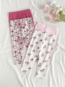 SHEIN Vintaside Kids 4pcs/Set Baby/Toddler Girl Casual All-Match Retro Pastoral Style Soft & Breathable Floral, Botanical, Pink, Apricot Solid Color Leggings Pants, High Cost-Effective, Suitable For Spring/Summer Wear At Home Or Outdoor Play - Pink - View 2