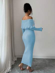 Rafferiza 女士纯色蝴蝶结长袖弹力修身露肩针织连衣裙，法式优雅珍珠装饰露肩大翻领针织连衣裙，秋冬针织长裙，返校季针织连衣裙，音乐节，圣诞节，仙女装，秋季婚礼宾客连衣裙 - 淺藍色 - 查看 2