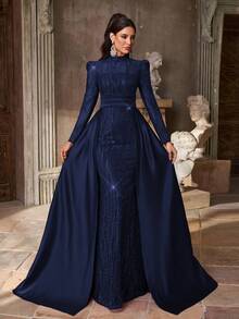 Aureia 优雅奢华酒红色亮片刺绣缎面拼接立领长袖薄纱长裙女士正式晚礼服 - 藏蓝色 - 查看 1