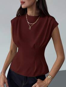 Aloruh 女士休闲日常办公通勤简约纯色短袖收腰衬衫，夏季 - 紫紅色 - 查看 4