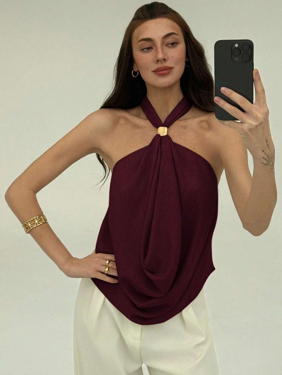 Aloruh 女士纯色简约无袖上衣，日常穿着 - 酒紅色 - 查看 1