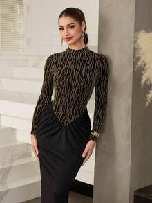 Modelyn Elegant Long Black Dress With Gold And Silver Threads - Black - View 4