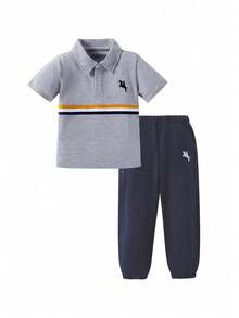 SHEIN 2pcs/Set Young Boy Knight Striped Print Polo Collar Short Sleeve T-Shirt And Pants, Casual Outfit - Multicolor - View 3