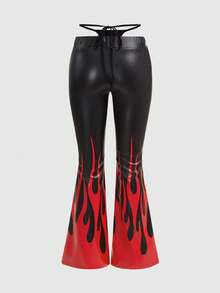 ROMWE Street Life Quần nữ cạp siêu thấp gợi cảm bằng da giả in hình ngọn lửa - Nhiều màu - Xem 2