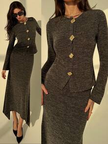 Aloruh Minimalist Commuter Autumn/Winter New Floral Gray Round Neck Tight Metal Button Tight Women Top + Super Long Asymmetrical Hem Women Skirt 2-Piece Set, Casual Sets For Women,Casual Sets For Women - Grey - View 2