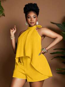 Maweii Plus Size Solid Color Knotted Ruffle Hem Elegant Sleeveless Jumpsuit - Yellow - View 3