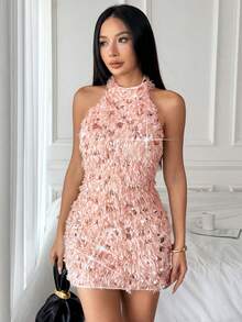 Rafferiza Apricot Sequins Halter Stretch Sexy Sleeveless Slim Women Bodycon Dress/Date/Party/Nightclub/Street /Halloween/Valentine's Day/Birthday Dress/Spring/Summer/Autumn/Winter New Short Dress Fall Clothes For Women Wedding Guest Dress Party Dresses Sequin Dress Elegant Dress Country Concert Outfit Elegant Dresses For Party Wedding Dress For Wedding Guest Halloween Christmas Winter Dress - Pink - View 7