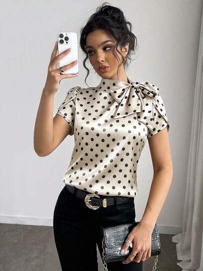 Rafferiza Blusa casual y versátil de mujer con mangas acampanadas, lazo y lunares, para primavera/verano
