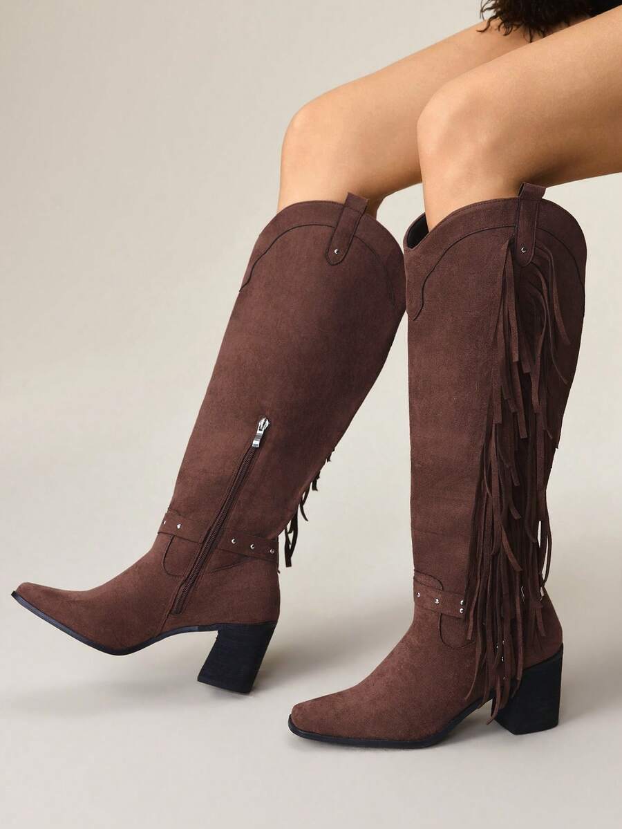 Styleloop Bốt cao đến đầu gối đế thô tua rua cổ điển dành cho nữ - Cà phê nâu - Xem 1