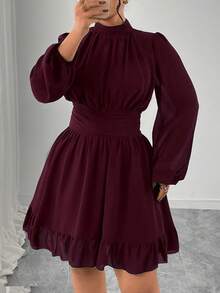 Elenzga Đầm midi dài tay ôm dáng, cổ đứng, bèo nhún, trang trí, dành cho nữ cỡ lớn, màu xanh navy, thanh lịch, thích hợp dự tiệc. - Màu Hồng Tươi - Xem 5