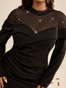 Auralis Plus Size Women Black Autumn Elegant Formal Evening Night Out Club Dress,Rhinestone Geometric Mesh Patchwork Ruffle Long-Sleeved Bodycon Mini Dress - Black - View 4