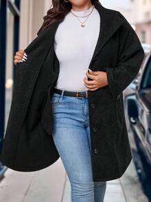 EMERY ROSE Jaqueta preta de lã com capuz, tamanho grande, estilo casual e folgado, com bolsos.