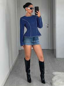 Jeanoix Women's Fashion Casual Tie-Back Long Sleeve Denim Blouse - Dark Wash - View 3