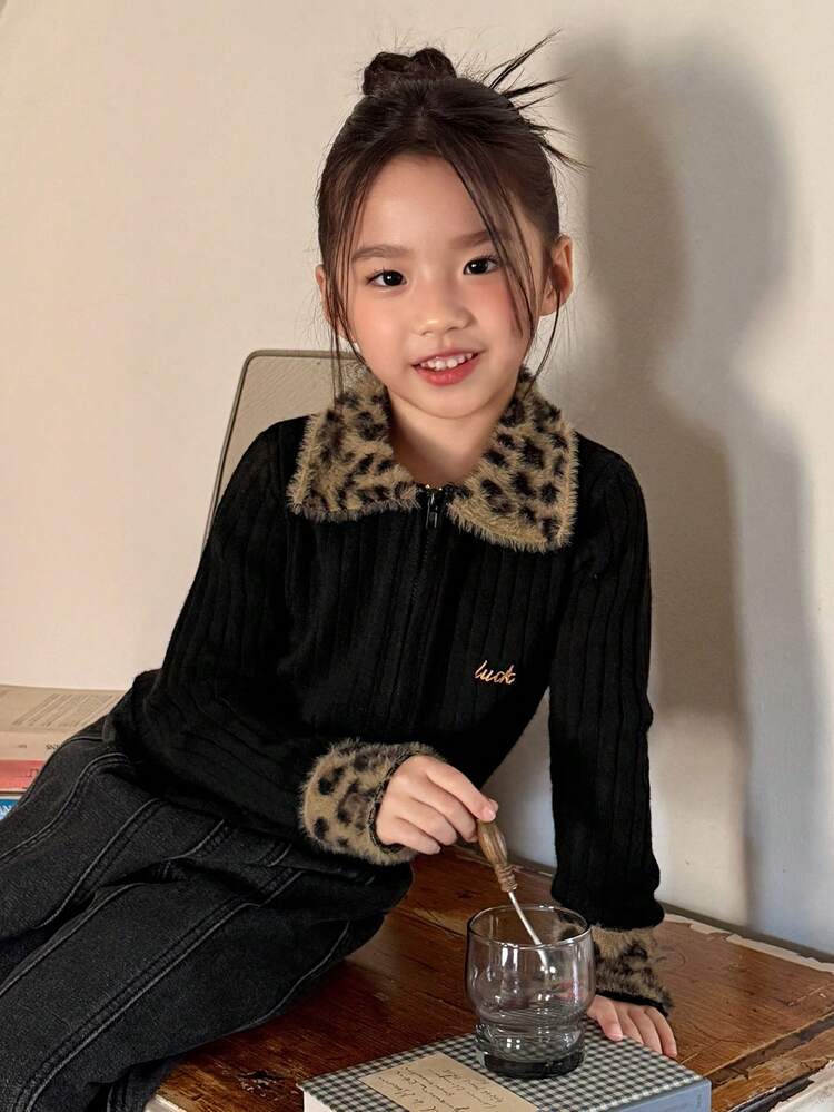Young Girls Turndown Collar Contrast Color Cardigan