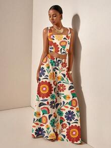 Zivah New Spring/Summer Vacation Casual Fishbone Strap Top & Wide Leg Pants With Pockets 2 Pieces Set/Season Wedding Attend/Birthday Party/Daily Outing/Basic And Versatile/Leisure Vacation/Cruise Travel/Beach Seaside Sunbathing /Internet Celebrity Hot Style/Street Style/Elegant Commuter/Business/Casual Bandeau Strap Sexy Backless Ladies Top And Straight Pants With Pockets Flower Positioning Print Green Summer Suit Ladies Two Pieces Suit Carnival - Multicolor - View 7