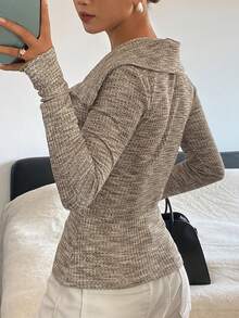 DAZY Áo polo tay dài dáng ôm dành cho nữ - Màu Khaki - Xem 2